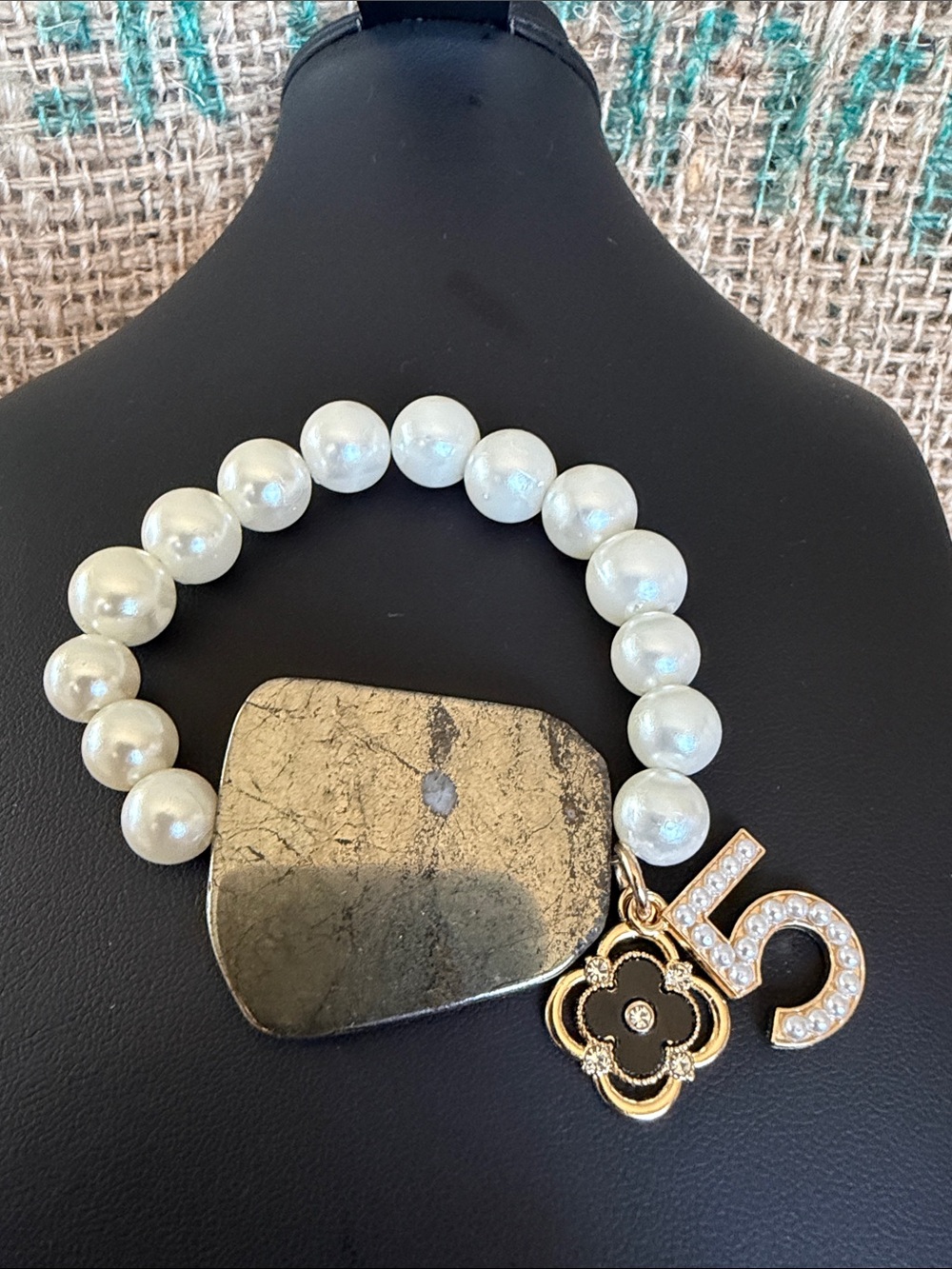Pearl Bead Stretch Bracelet with Gold Charm - White